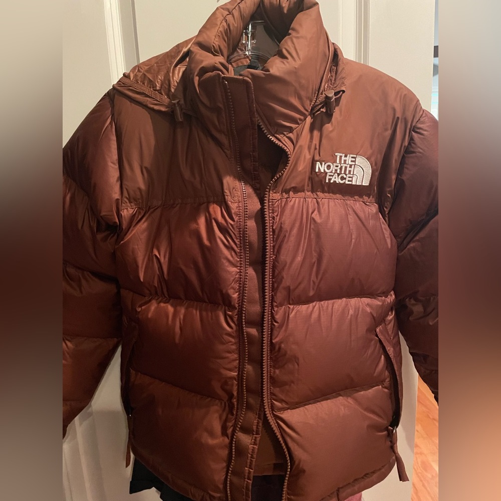 Brown North Face puffer jacket with hood